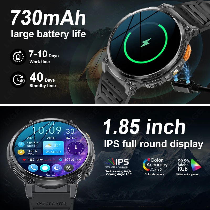 LIGE 1.85\'\' Screen Outdoor Sport Smartwatch Men Heart Rate Flashlight Watch 730mAh Battery Waterproof Wireless Call Smart Watch