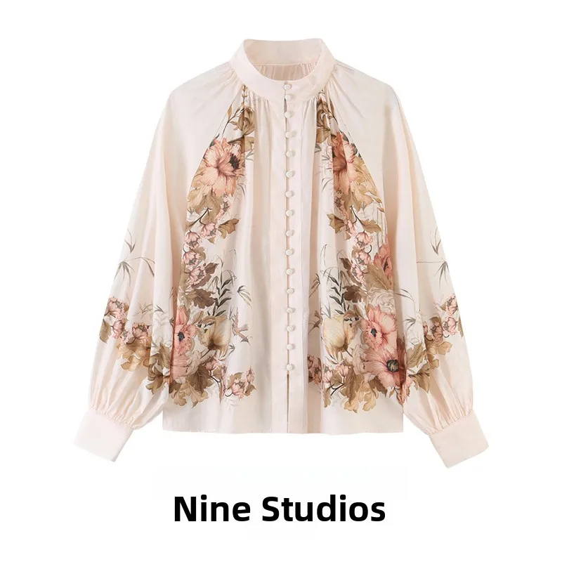 Loose Long Sleeve Shirt Women's Printed Button Front Closure Top European Style Casual Fashion Plant Floral Patterned