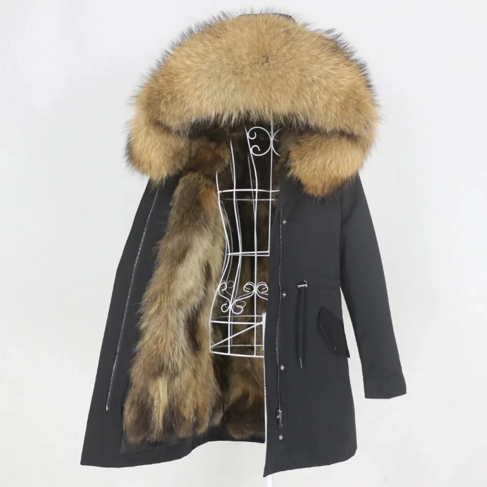 2024 Real Fur Coat Long Waterproof Parka Winter Jacket Women Hood Natural Raccoon Fox Fur Outerwear Streetwear Detachable