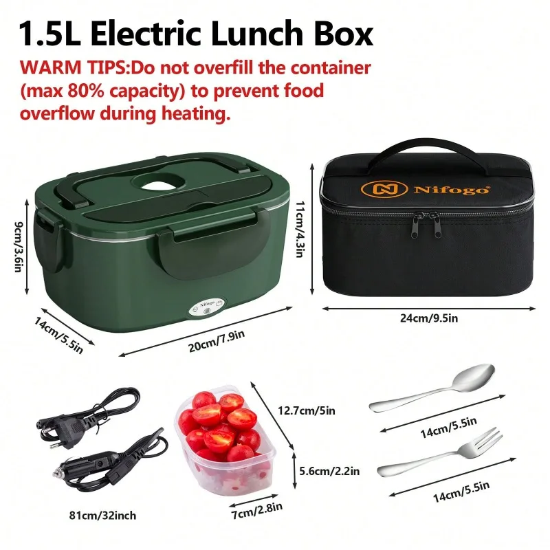 100W Electric Heating Lunch Box, 2 in 1 Car & Home Use Portable Food Warmer Heater with 304 Stainless Steel Container, Leakproof Thermal Lunch Container with Insulated Carry Bag for Office Travel view 3
