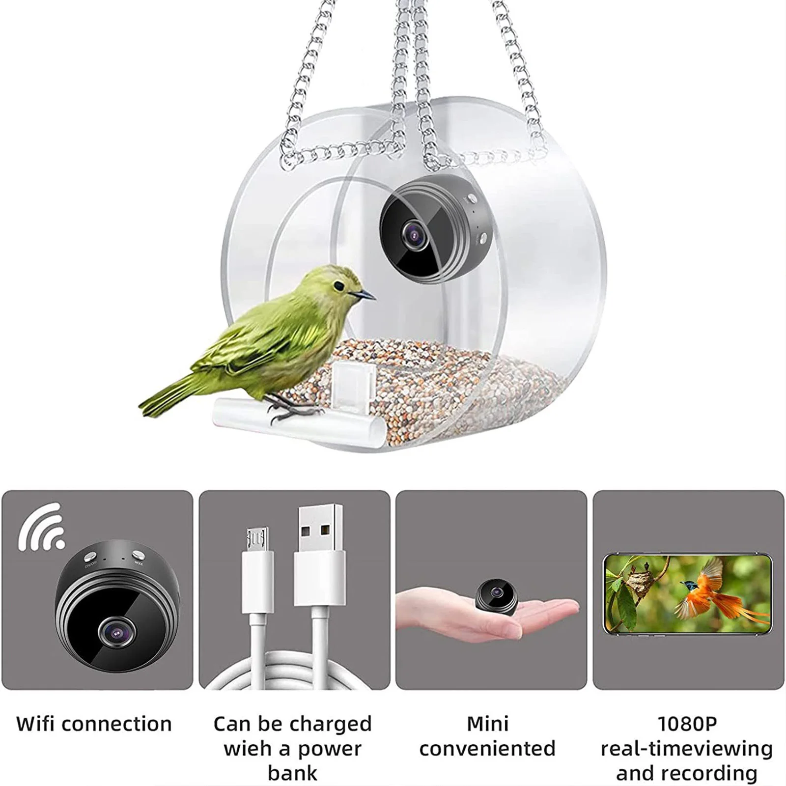 Garden Decoration Bird Camera Hanging Birdhouse Plastic Weather Proof Night Version High-definition 1080P Outdoor Birdfeeders