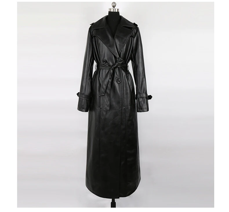 Mauroicardi Spring Autumn Waterproof Black Soft Pu Leather Trench Coat for Women Belt Double Breasted Floor Length Overcoat 2025