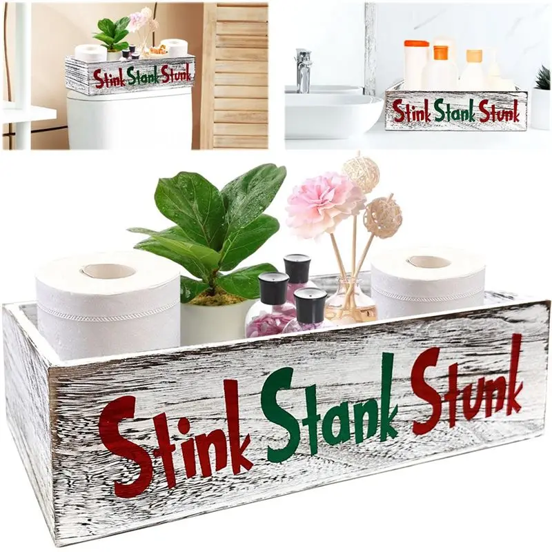 A56P-2 Pieces Wooden Stink Stank Stunk Bathroom Decor, Stink Stank Stunk Decor, Stink Stank Stunk Bathroom Decor Toilet Paper Bo