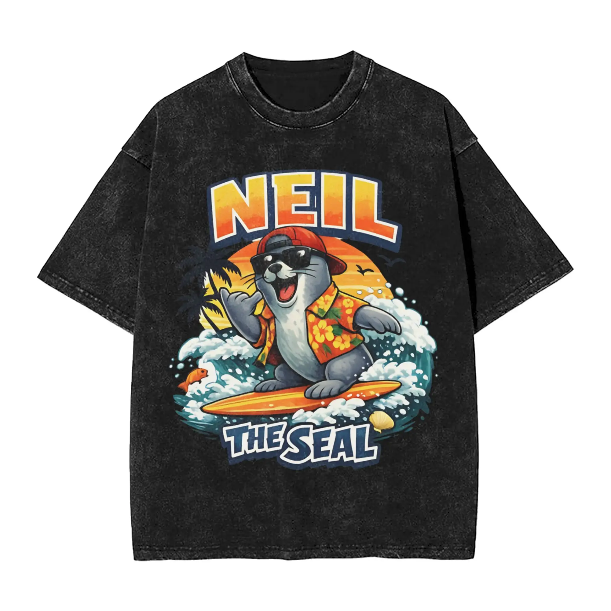 Neil the Seal Surfing Sunset Hawaiian Washed T Shirts Streetwear Hip Hop Retro T-Shirt  Tee Shirt for Men Women Oversize Printed