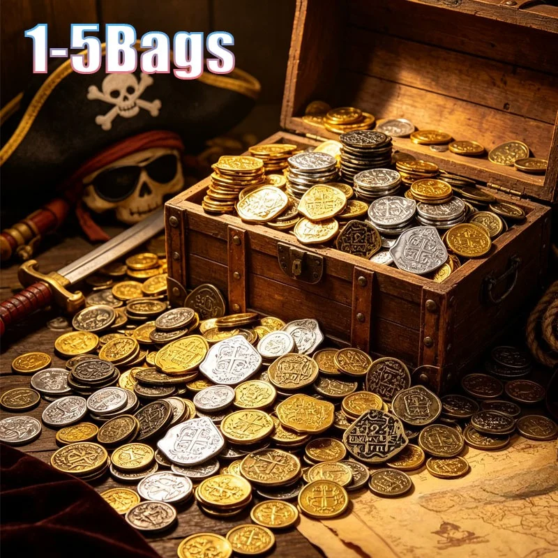 1-5 Bolsas de Monedas Piratas de Oro y Plata con Acabado Antiguo de Bronce para Halloween, Carnaval, Fiestas, Decoración de Juegos y Disfraces