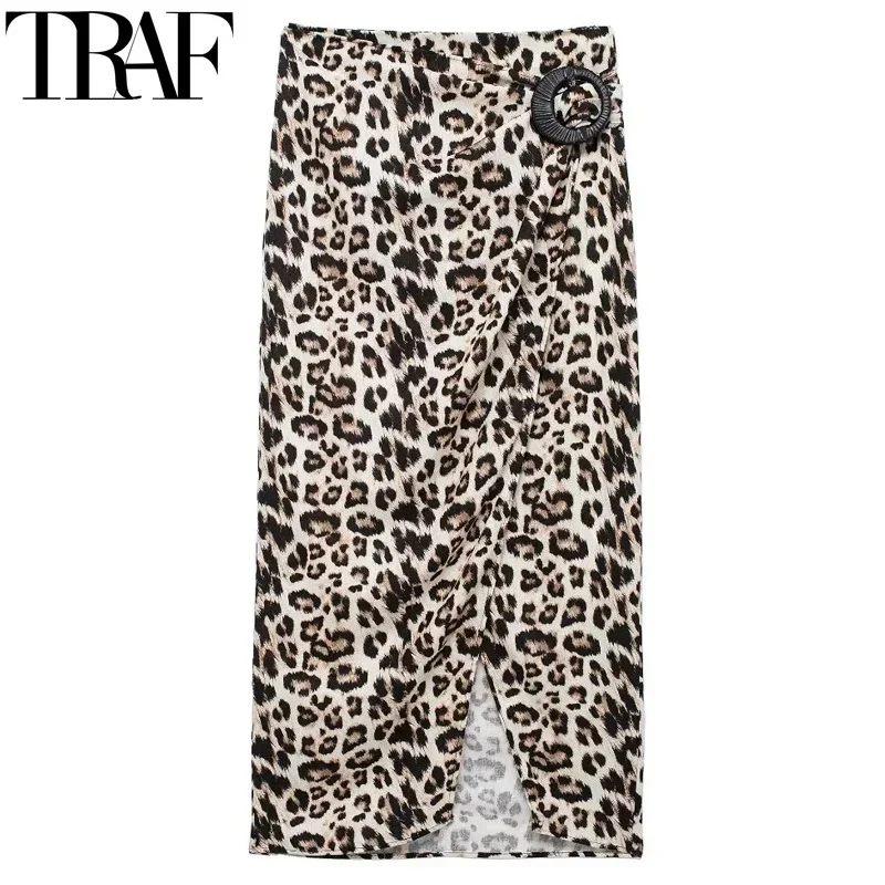 

TRAF Midi Leopard Skirt Animal Print Vintage Long Skirts For Women Buckle Ruched Summer Pencil Skirt Asymmetric Slit Beach Skirt