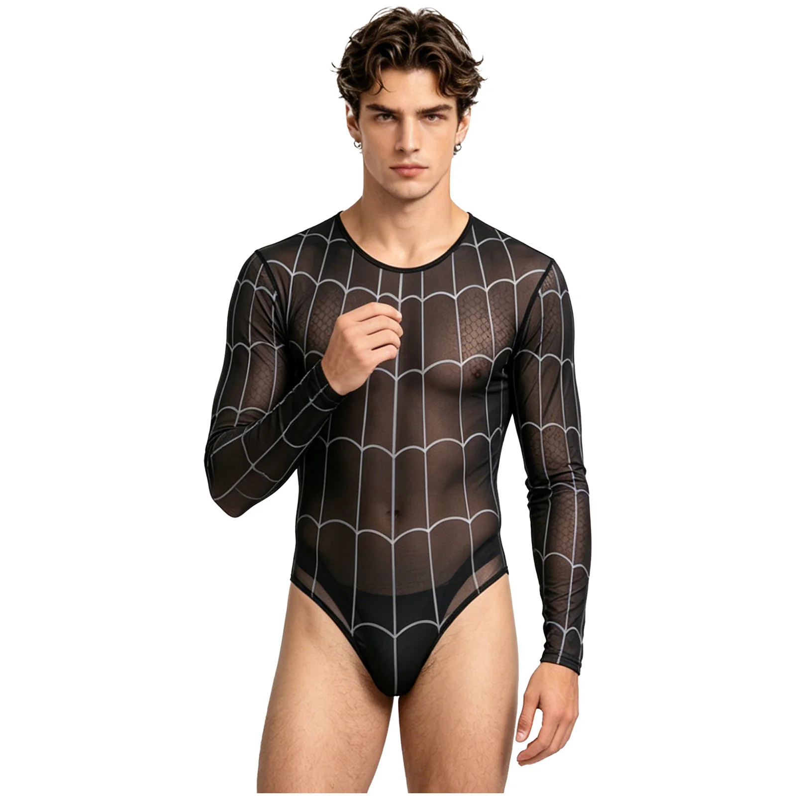 Swimwear Mens Swimsuit Lingerie One Piece See Through Mesh Bodysuit Long Sleeve Buttoned Crotch High-cutting Leotard Jumpsuit