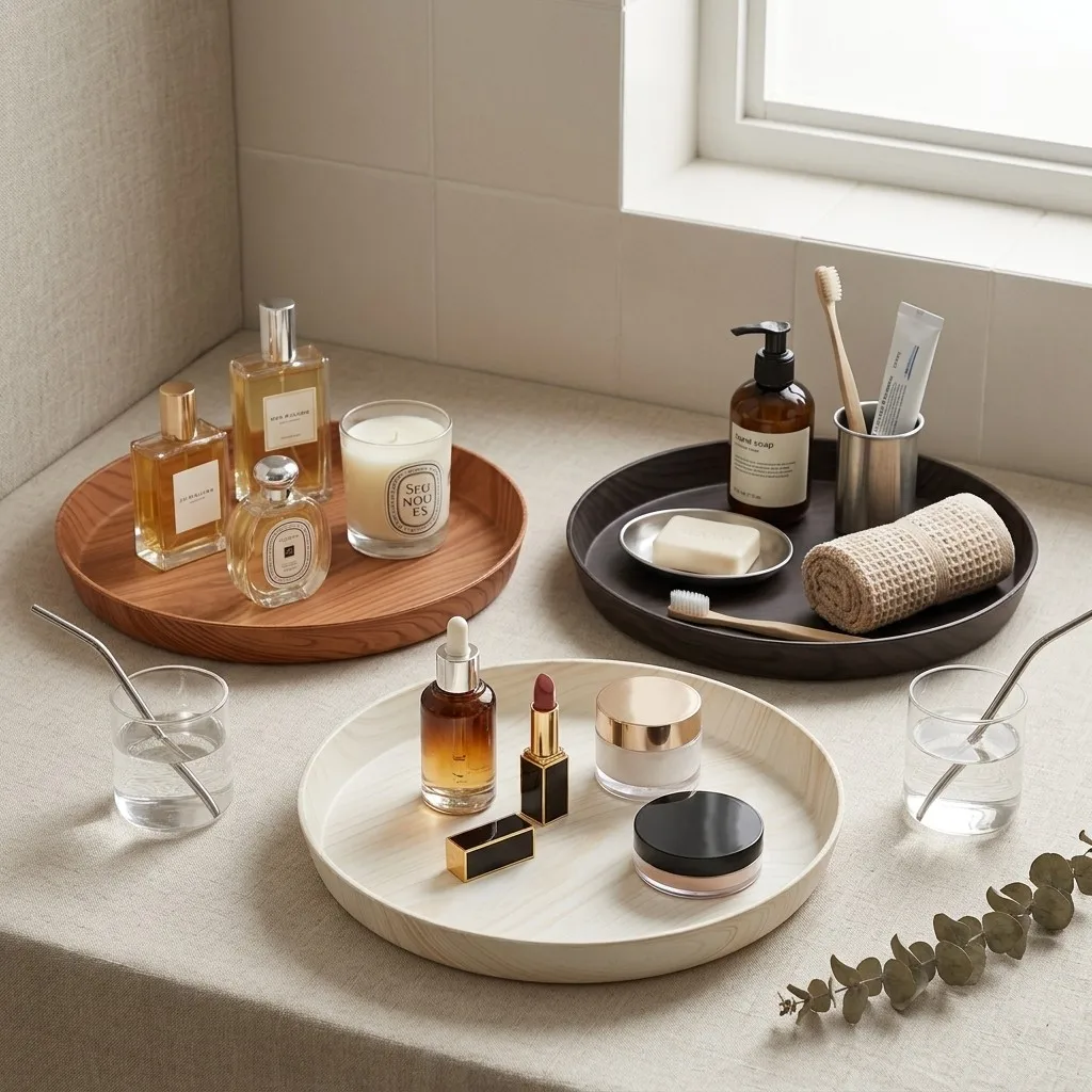 Stapelbares rundes Kunststoff-Tablett mit Holzmaserung, wasserdichter Badezimmer-Organizer für Parfüm, Make-up und Schminktisch-Aufbewahrung