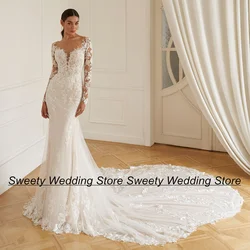 Lace Mermaid Wedding Dresses Customized Long Sleeves Sheer Scoop Neck Applique Royal Church Bridal Gown Robe De Mariee