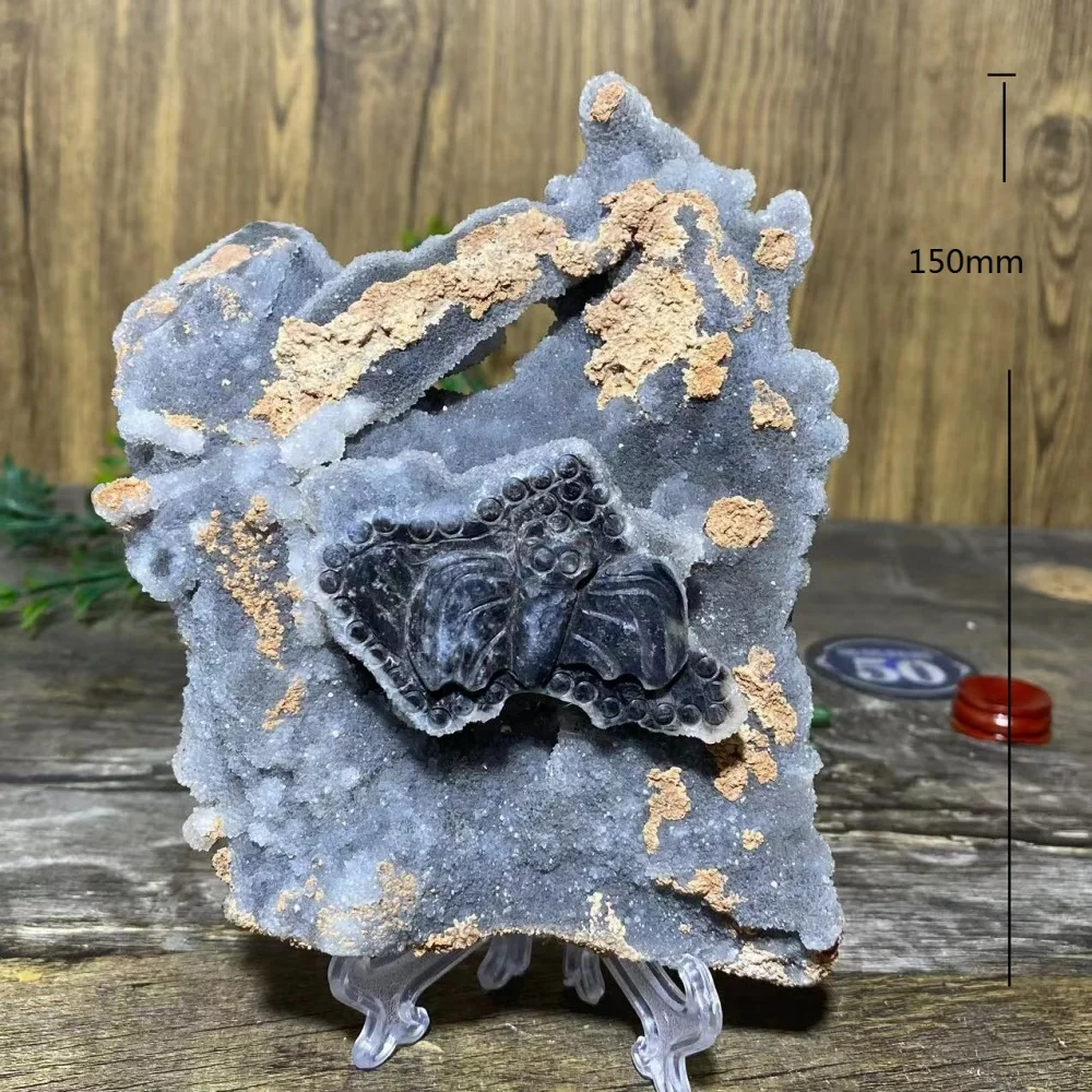 762g Engrave Bat Sphalerite Mineral Druse Stone Druzy Quartz Crystal Natural Healing Living Room Home Decoration