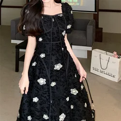 2022 Summer New Women Robes Temperament Sweet Trendy Vestidos Short Sleeve Jacquard Embroidery Flowers Party Black Dresses Robes