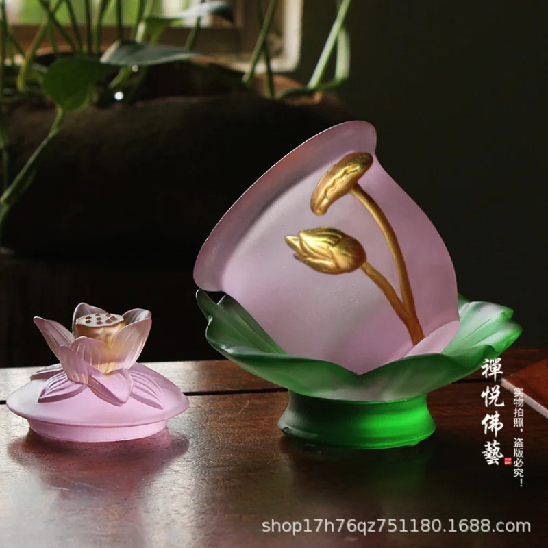 Traditional Glazed Relief - Leaf Lotus Holy Water Gold-Plated Offering Buddha Worship Cup Buddhist Hall
