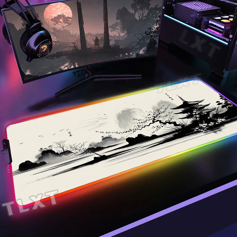 Landscape Backlight Gaming Mousepad Desk Rug RGB Gamer Mousepads Mouse Pad LED Non-Slip Rubber Mouse Mats Ink Keyboard Mat