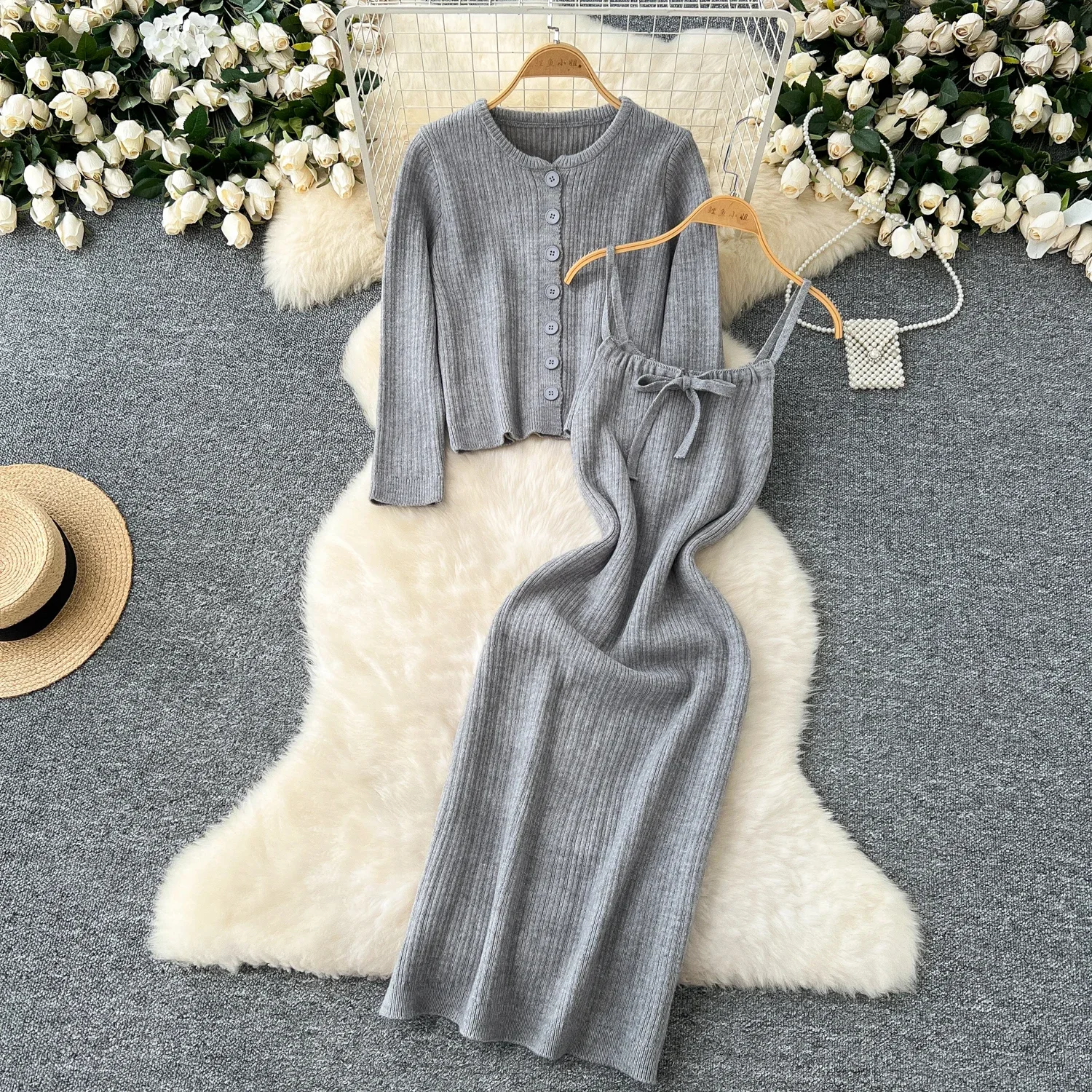 Chic Two-piece Sets Sexy Knit Straps Slim Elegant Dress and Single Breasted Coat High Street Women Office Lady Casual Clothing