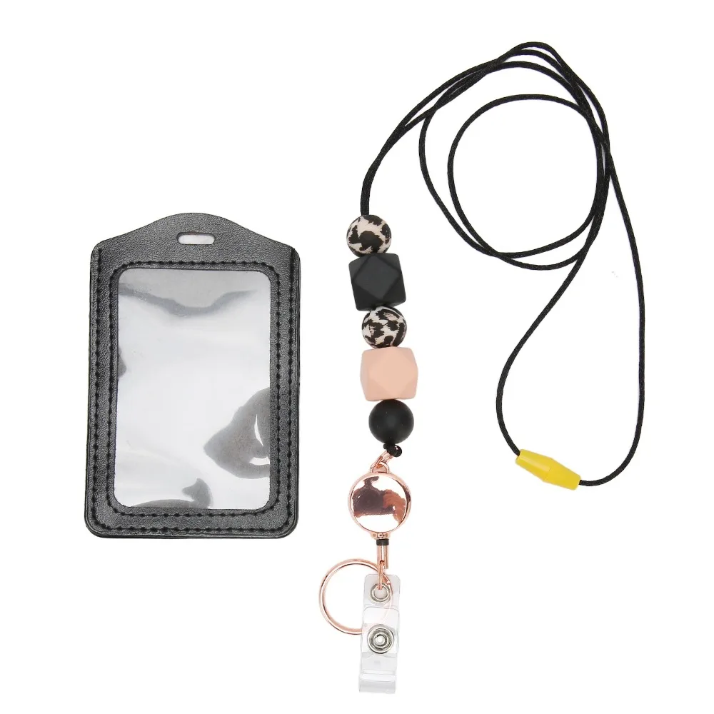 

Retractable Silicone Beaded Lanyard with Transparent ID Holder PU Material Badge Holder with Lanyard Multi Purpose