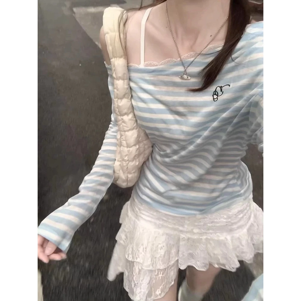 Princess Style Long Sleeve T-Shirt Women's Summer New Lace Splice Striped Sunscreen Lazy Micro Permeable Cover up Top
