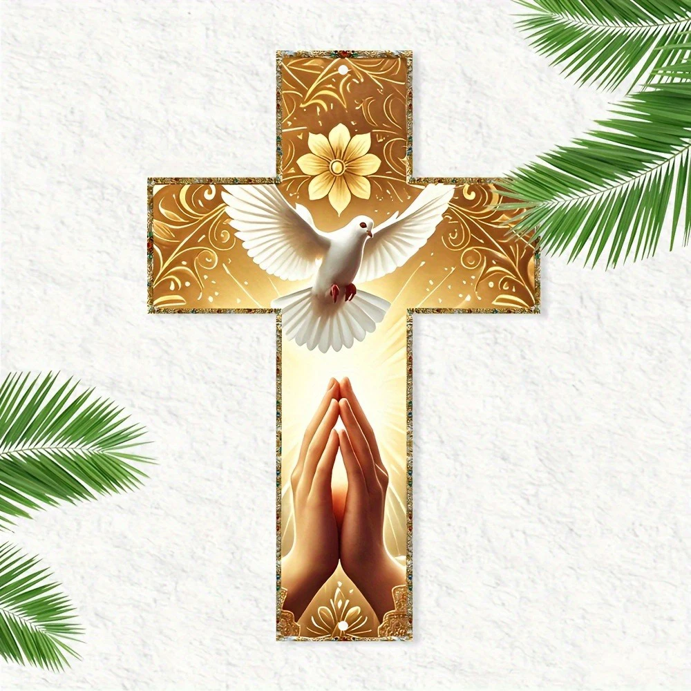 1pc 2D Vintage Metal Cross Wall Hanging with Dove and Praying Hands, Suitable for Religious Home Decor in Living Rooms, Churches