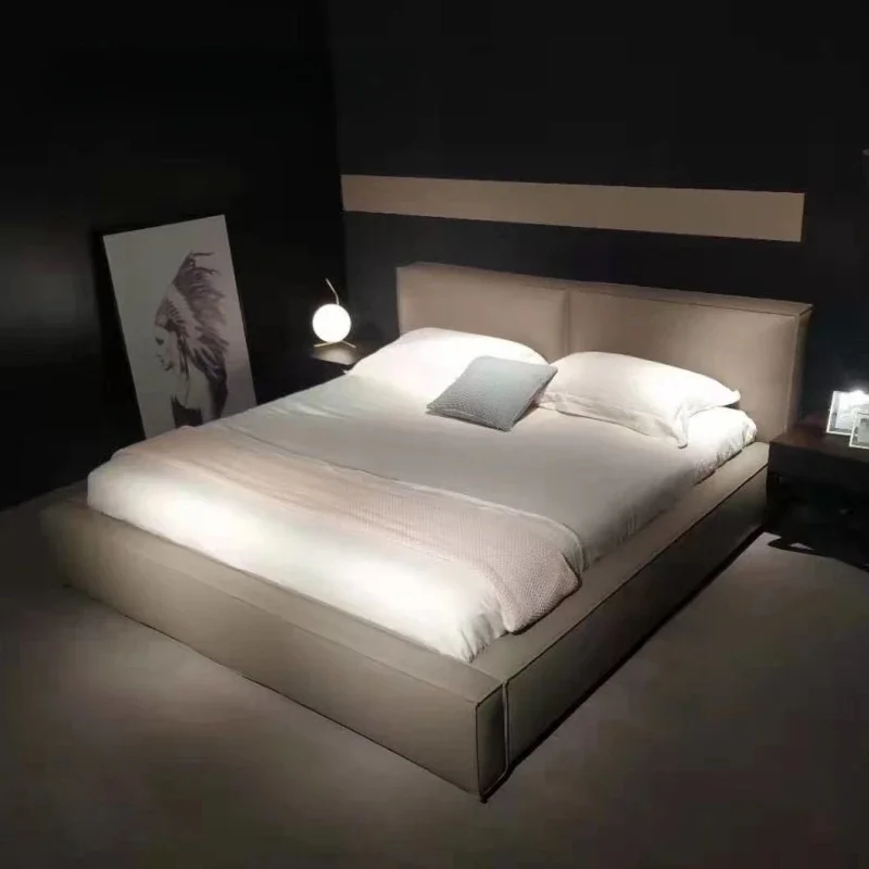 

Tofu block leather bed, Italian minimalist, double bed master bedroom, frosted leather