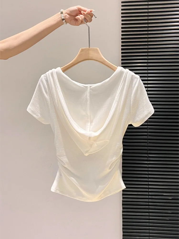 Slim Fit Short Sleeve T-Shirt Women's Summer New Style Side Pleated Waist Cinching Short Length Top Korean Style Commute Wind