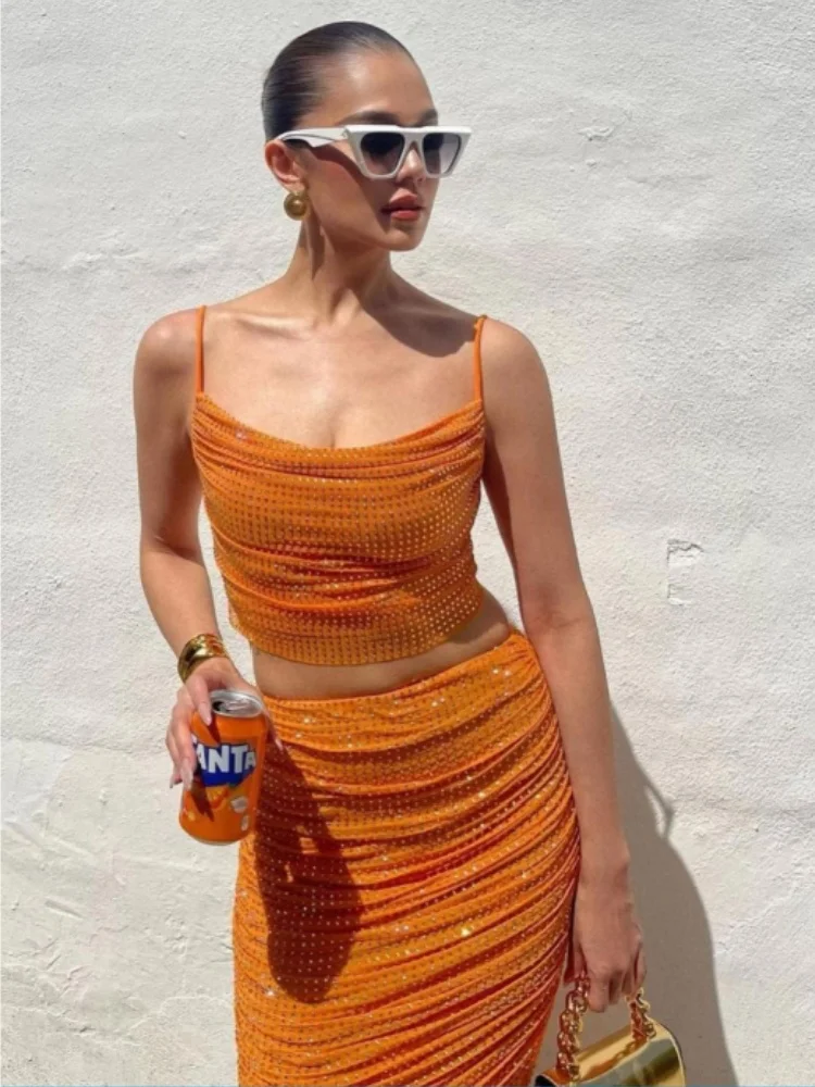 Orange Color Women Sleeveless Sexy Strap Shinning Rhinestones 2 Pieces Bodycon Long Dress Celebrate Nightclub Party Dress