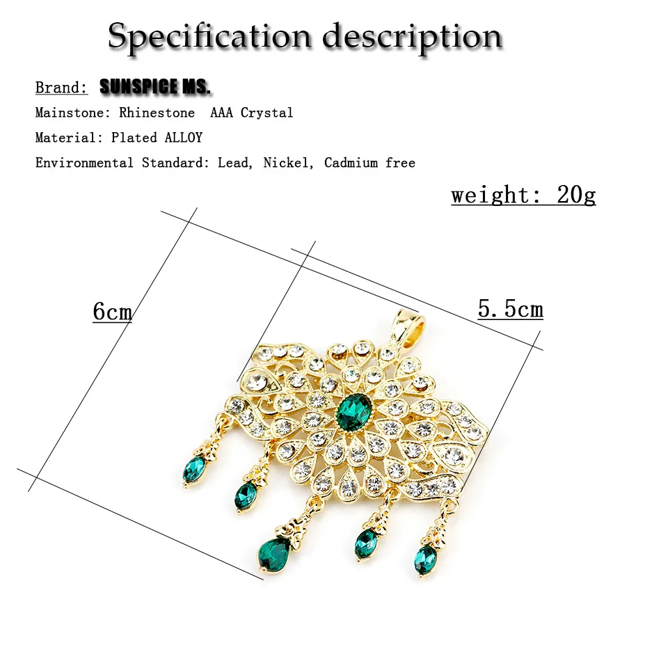 Sunspicems Gold Color Morocco Kaftan Brooch Hijab Pins Pendant Dual-Purpose Jewelry For Women Arabic Ethnic Wedding Bijoux