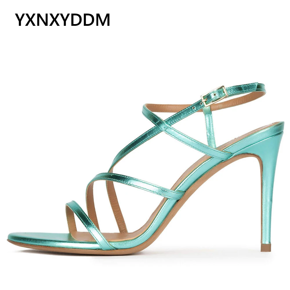 

2023 New Strappy Summer Sandals for Women Stilettos Party High Heels Buckle Strap 10-11cm Heeled Shoes Ladies Evening Dress Shoe