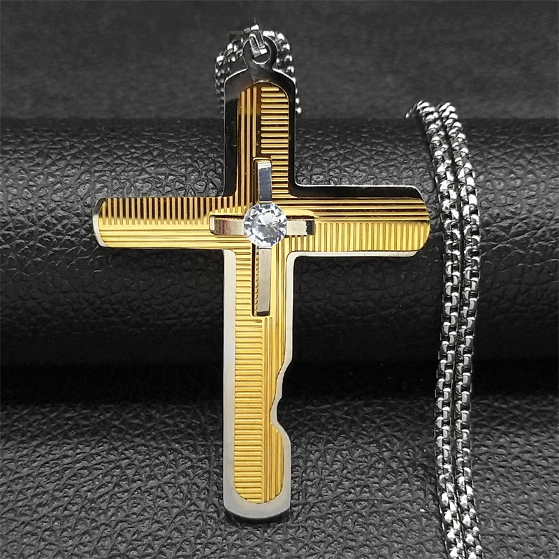 Punk Cross Pendant Necklace for Women Men Stainless Steel Gold Color Rhinestone Hip Hop Crucifix Male Chain Jewelry NZZZ912S02