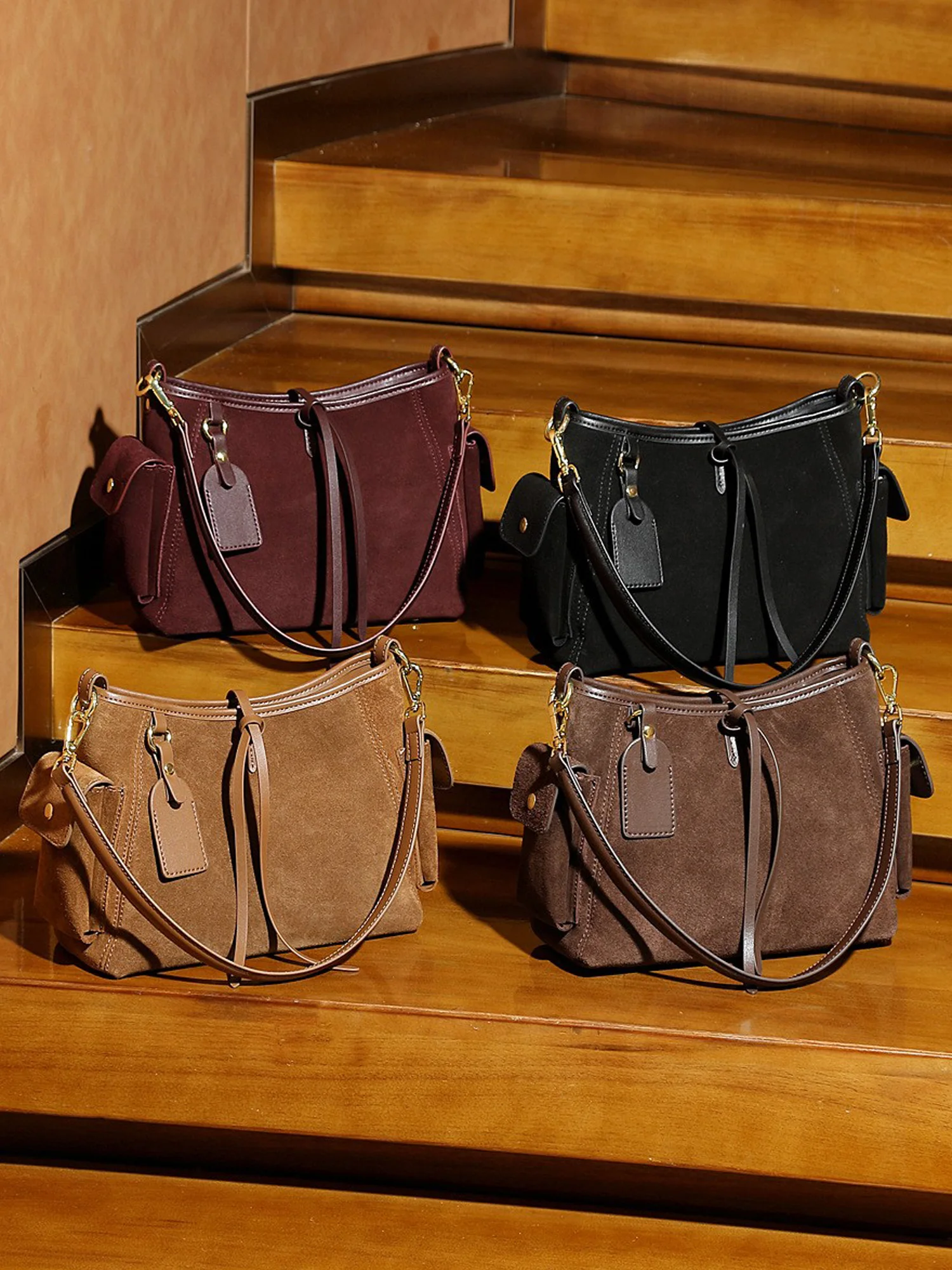 

Top Layer Cowhide Bowling Bag Suede Crossbody Tote Bag Autumn Winter Mellow Brown Matte Leather Bag French Bread Bag