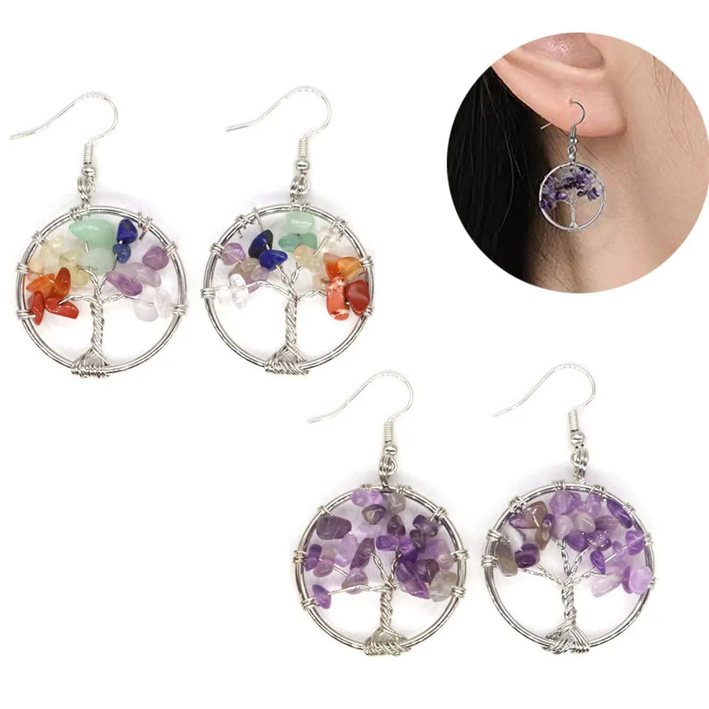 Tree of Life Dangle Earrings for Women Natural Tumbled Stone Rose Quartz Healing Crystal Drop Hooks Earring Chakra Jewelry Gifts