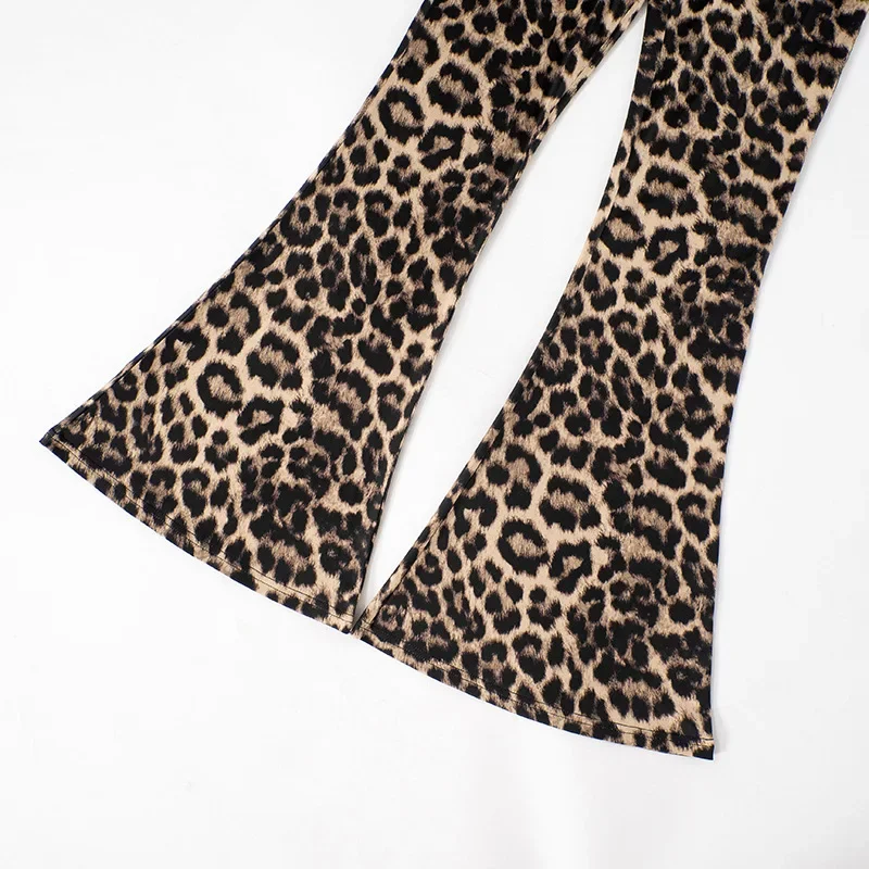 Set da donna sexy in due pezzi con stampa leopardata o-collo manica lunga vedere attraverso top corto in rete + pantaloni svasati a vita alta abiti da clubwear