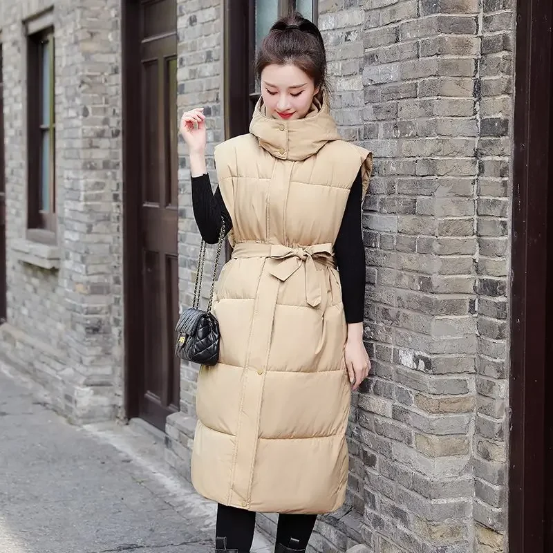 Autumn Winter Cotton Vests Long Parka Sleeveless Cotton-padded Jacket Warm Thick Knee-length Coat Hooded Slim Outerwear Vest