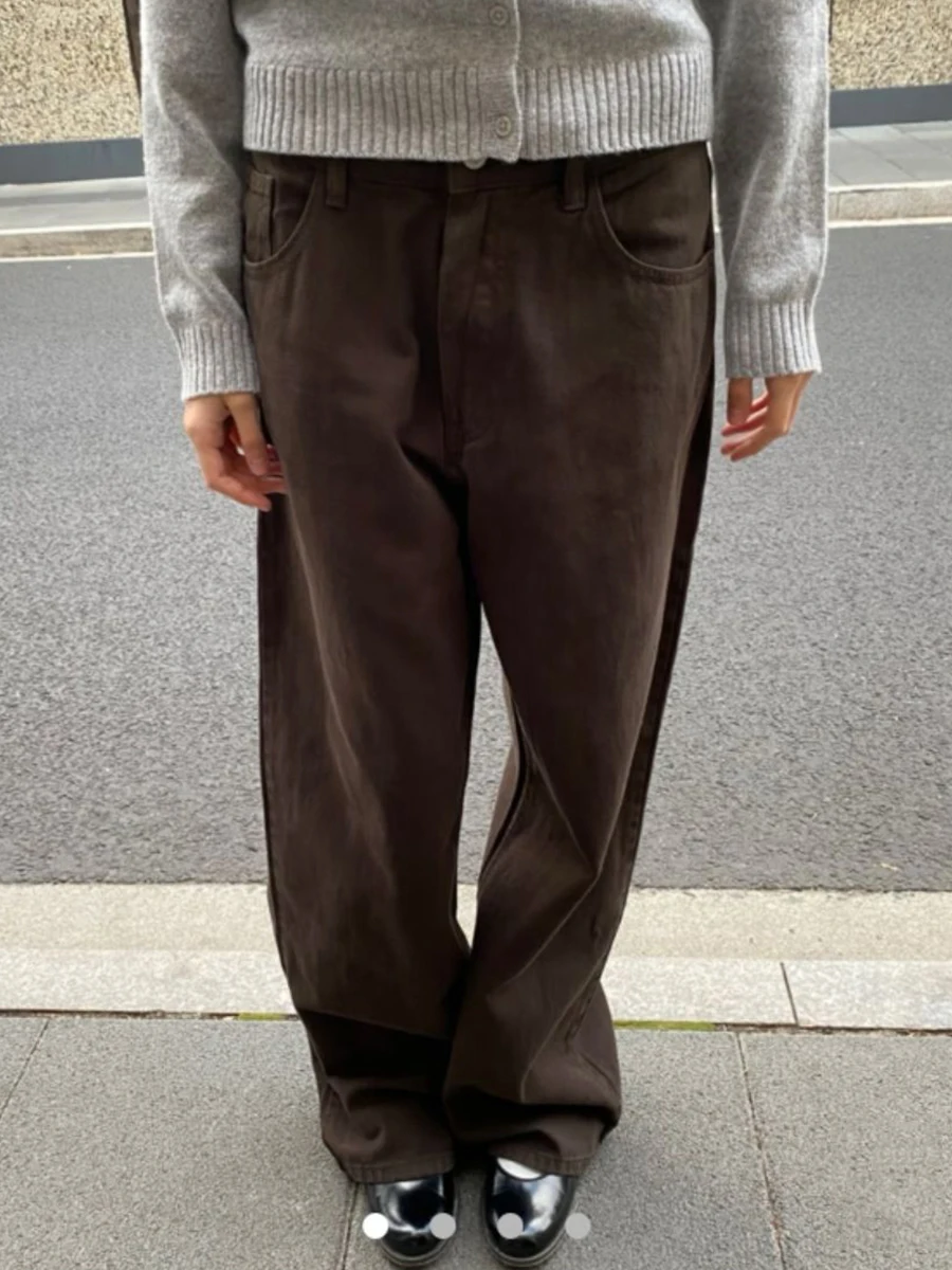 Brown Vintage Straight Jeans Women Autumn Pockets Cotton High Waist Long Pants Female Simple Casual All-match Loose Trousers New