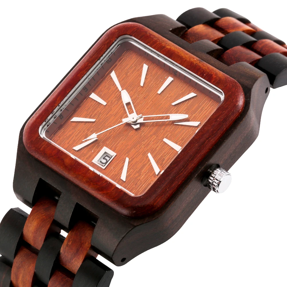 Calendar Minimalist Square Dial Colorful Bamboo/Ebony/Red Wood Quartz Men Watch Folding Clasp Full Wooden Bracelet Band