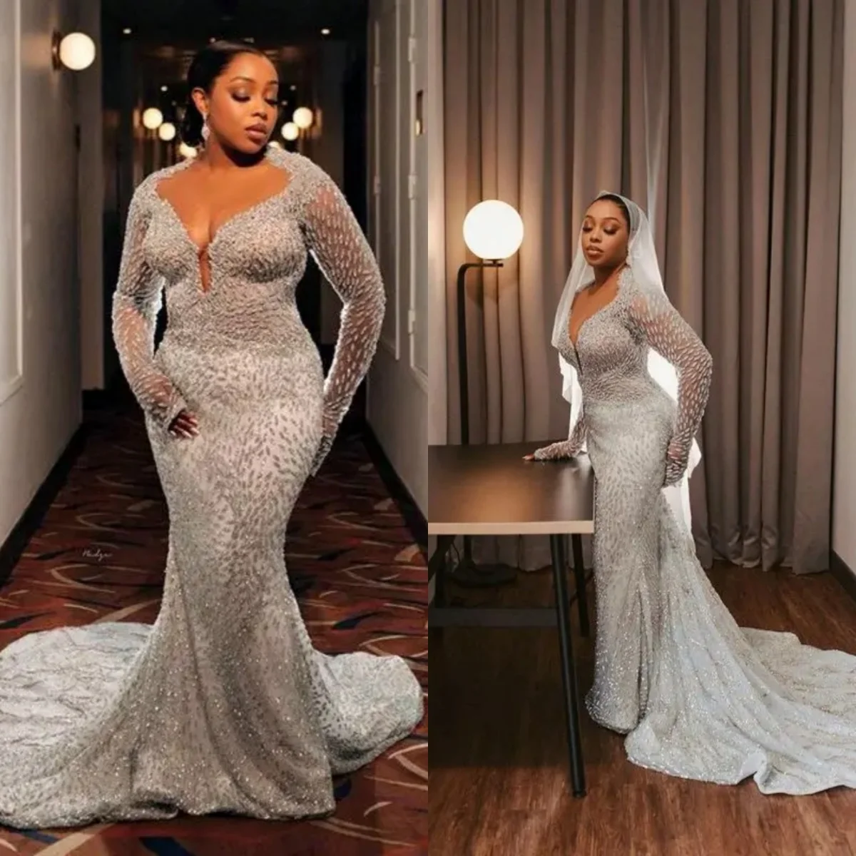 

Plus Size Beaded Mermaid Wedding Dresses Crystal Square Neck Long Sleeve Bride Dress Sexy Floor Length Bridal Dress Customized