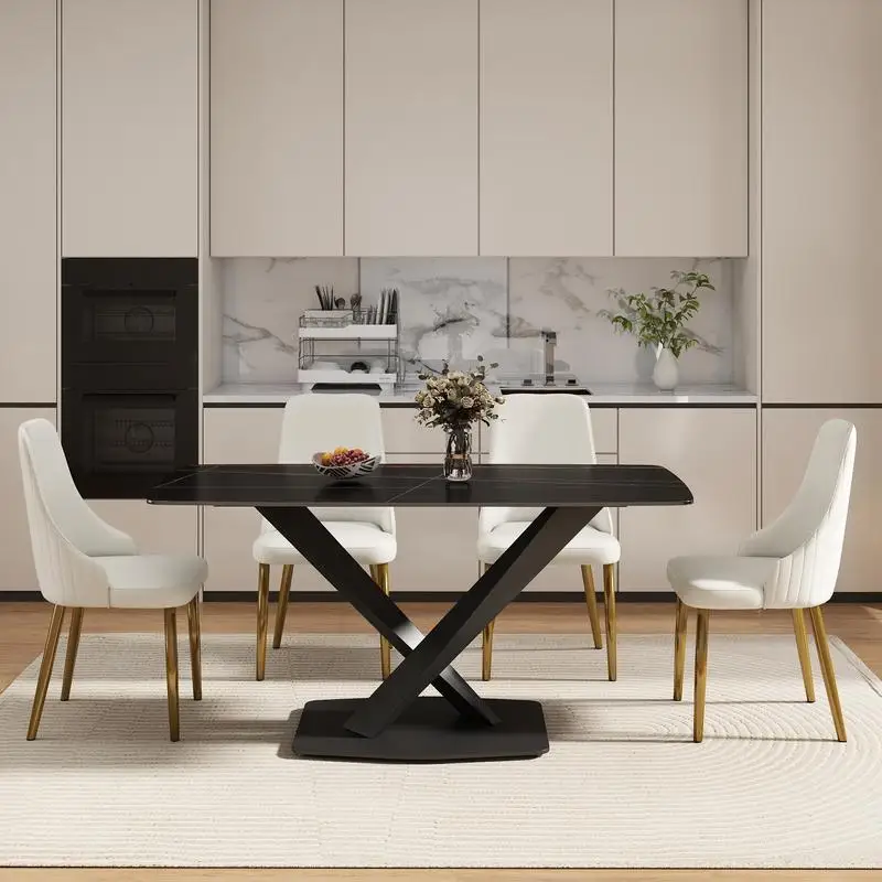Modern Black Curved Stone Dining Table with Metal Legs for 6 People