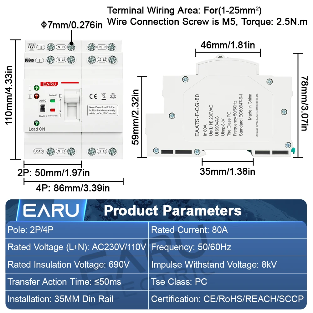 EARU 2P 4P 80A AC230V/110V Automatic Transfer Switch Mini ATS Solar PV Dual Power Electrical Selector Switch Uninterrupted Power