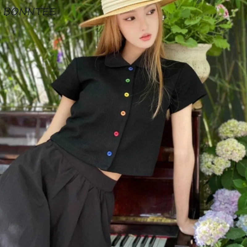 

Рубашка женская с отложным воротником из ледяного шелка, вязаная уникальная пуговица, шикарные популярные укороченные универсальные корейские модные летние студенческие топы