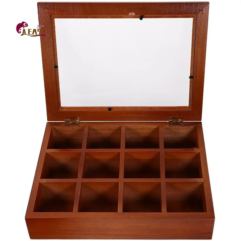 AEA9-12 Grids Wooden Tea Bag Holder Sugar Packets Spice Pouches Storage Case Instant Coffee Bag Boxes With Clear Lid