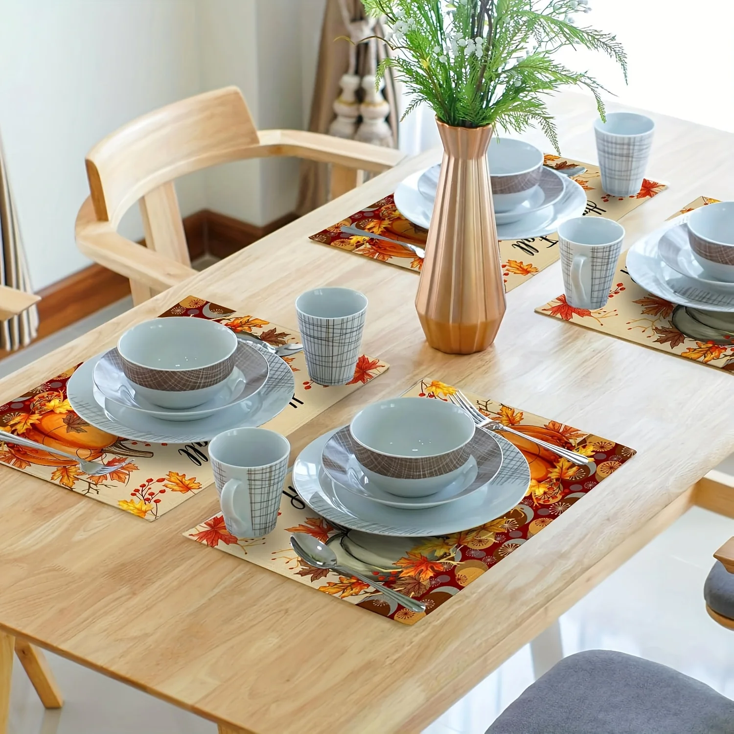 4pcs Happy Fall Placemats - Farmhouse Autumn Table Mats with Pumpkins, Maple Leaves in Orange, Beige, Brown for Thanksgiving