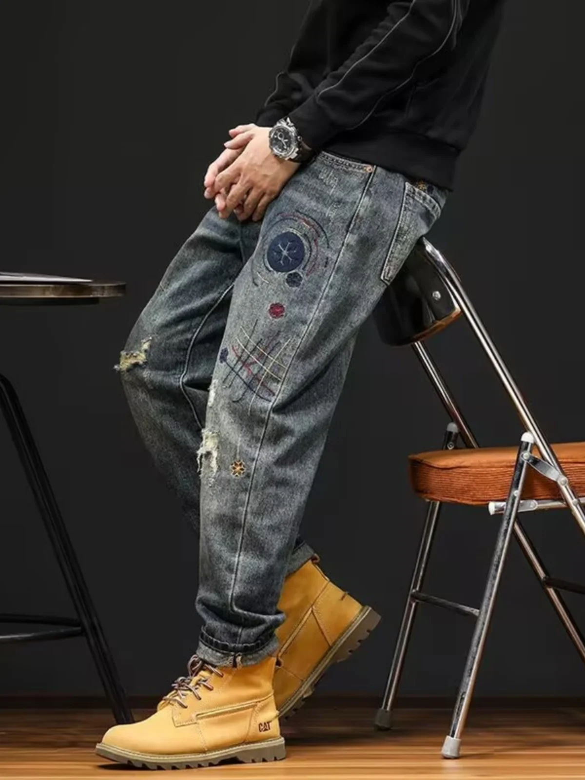 Calças Jeans Masculinas Estilo Retrô com Patchwork e Furos, Novas Calças Casuais Americanas de Alta Moda, Calças Longas da Pr...