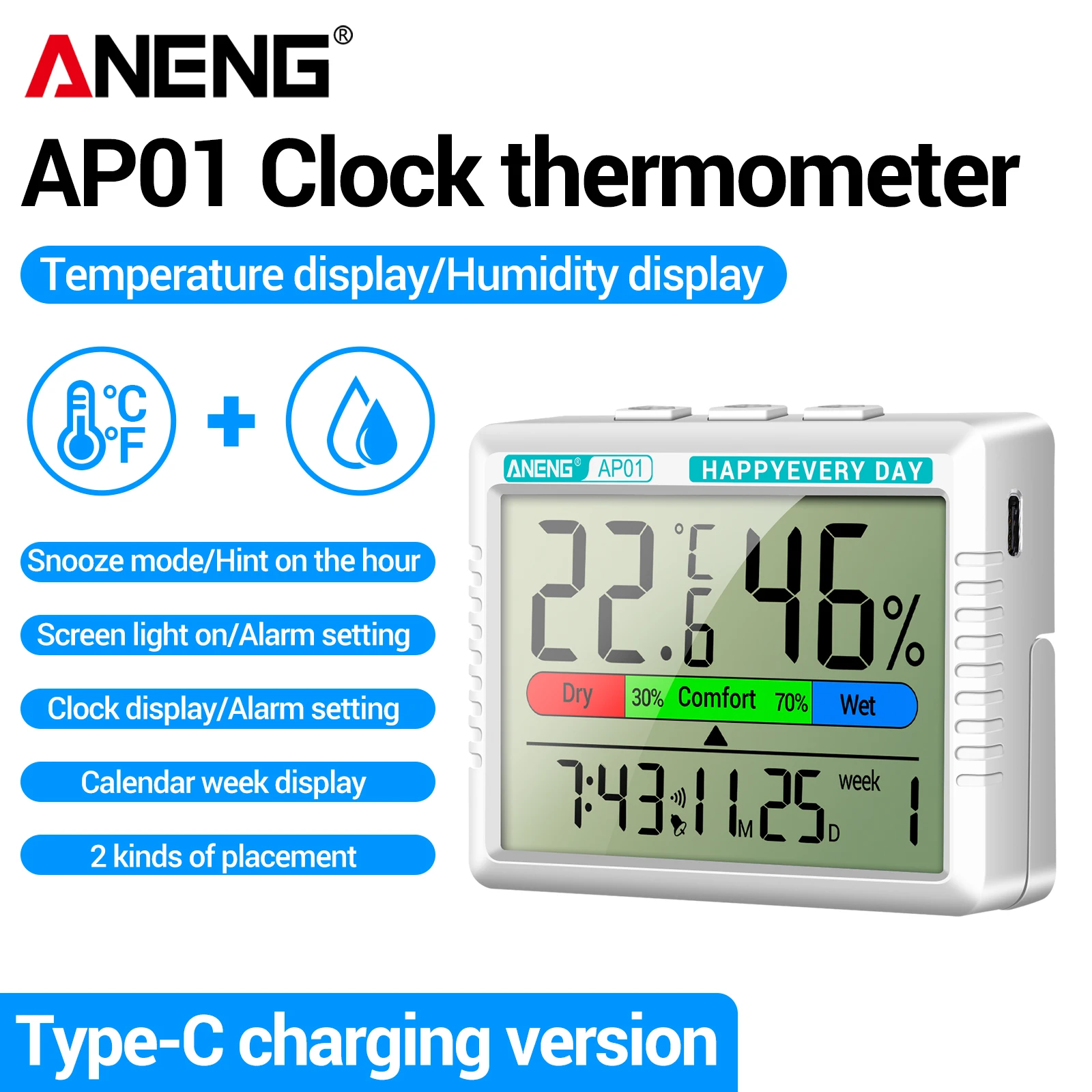 ANENG AP01 Horloge-réveil multifonctionnelle rechargeable avec affichage de la température et de l'humidité, calendrier, minuterie, adapté aux bureaux à domicile