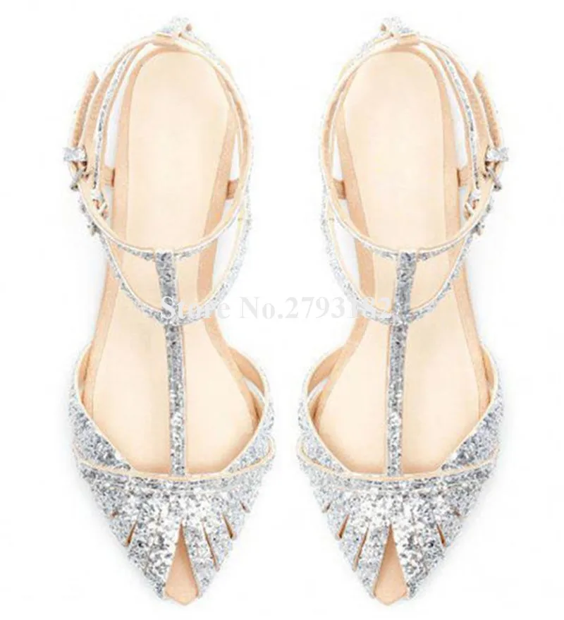 Sandali piatti con paillettes brillanti estate più recente Peep Toe argento luccica cinturini scarpe basse t-strap Bling Bling scarpe da sposa