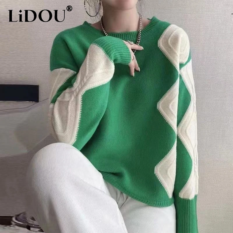 

Autumn Winter O Neck Loose Casual Patchwork Sweater Ladies Fashion All-match Knitting Pullover Top Women Jumper Female Clothes