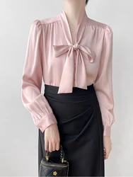 Women Chiffon Blouse 2024 Spring Summer New Arrivals Elegant Long Sleeve Bow Front Women Shirts & Blouses Work Office Lady Shirt