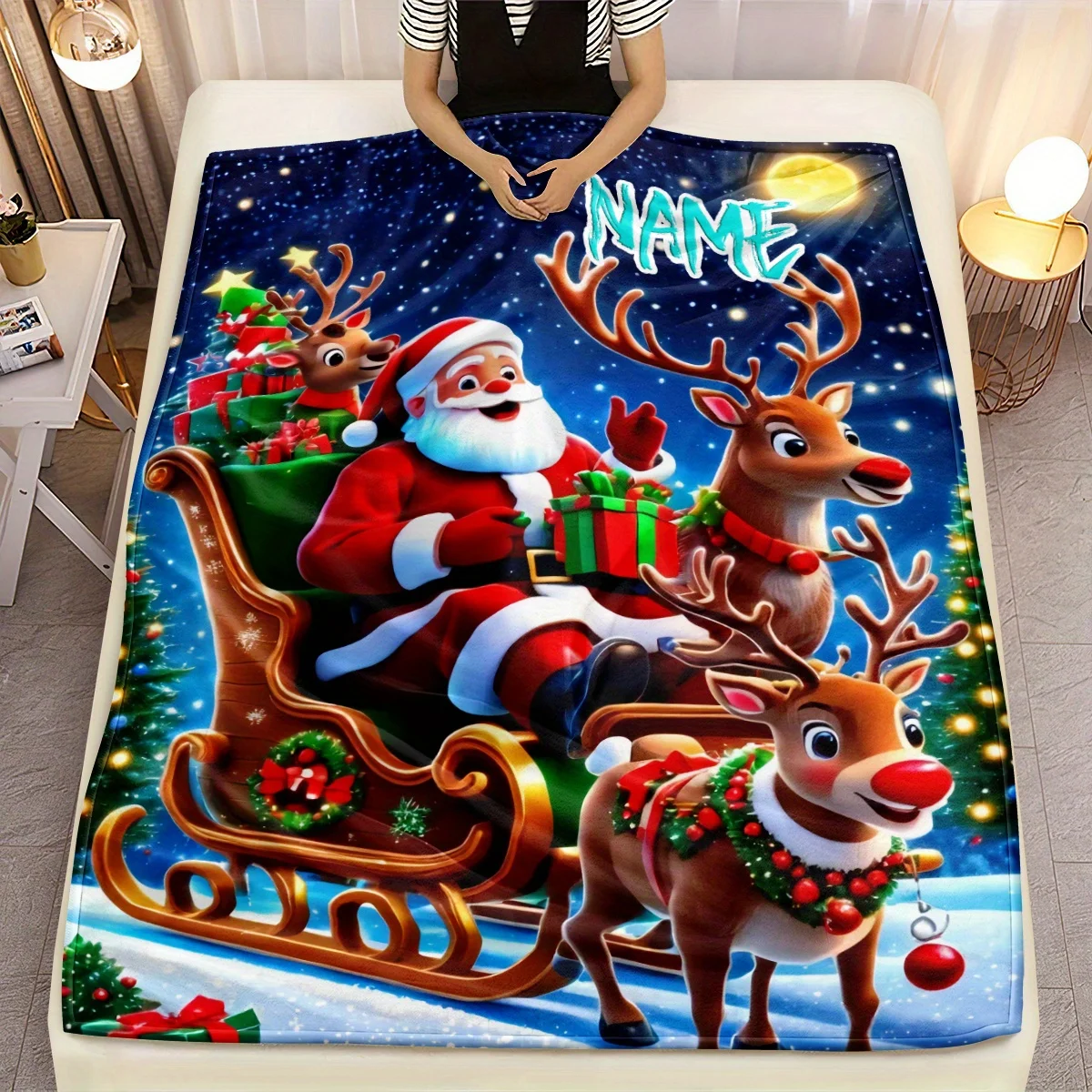 Customized Name/Text Santa Claus And Deer, Suitable for Sofa, Bedroom, Living Room, Outdoor, Camping, Hiking, Tourism, Office, C