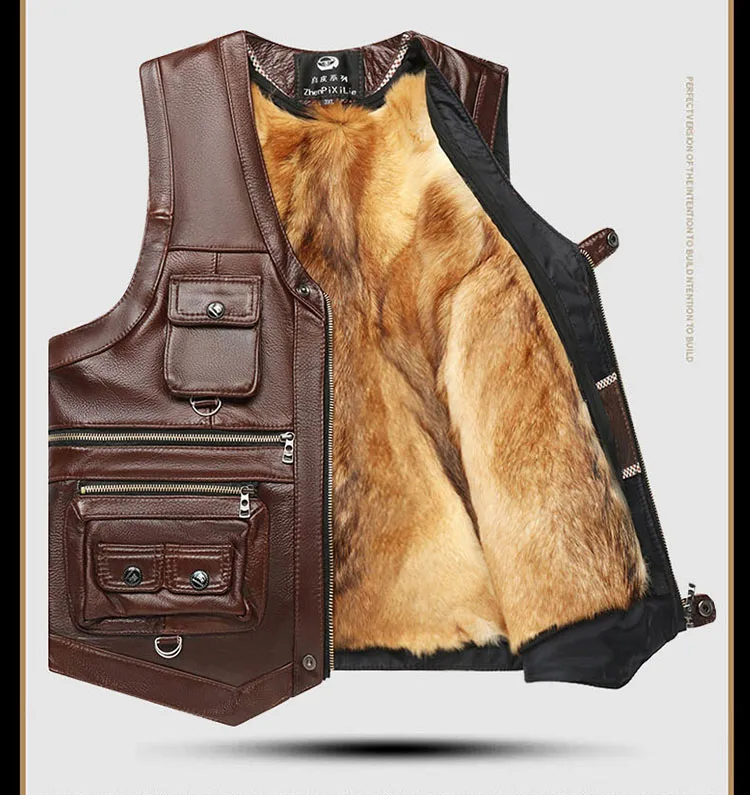 2025 men's new model, multi-pocket leather cashmere liner vest, thick thermal double-layer removable liner, leather vest