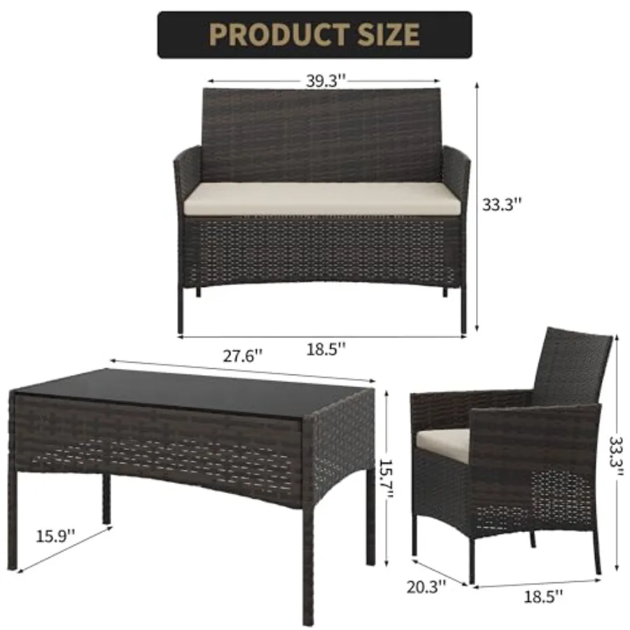 4-Piece Patio Furniture Set, Outdoor Wicker Conversation Set with Tempered Glass Coffee Table, Heavy Duty PE Rattan Sectional S