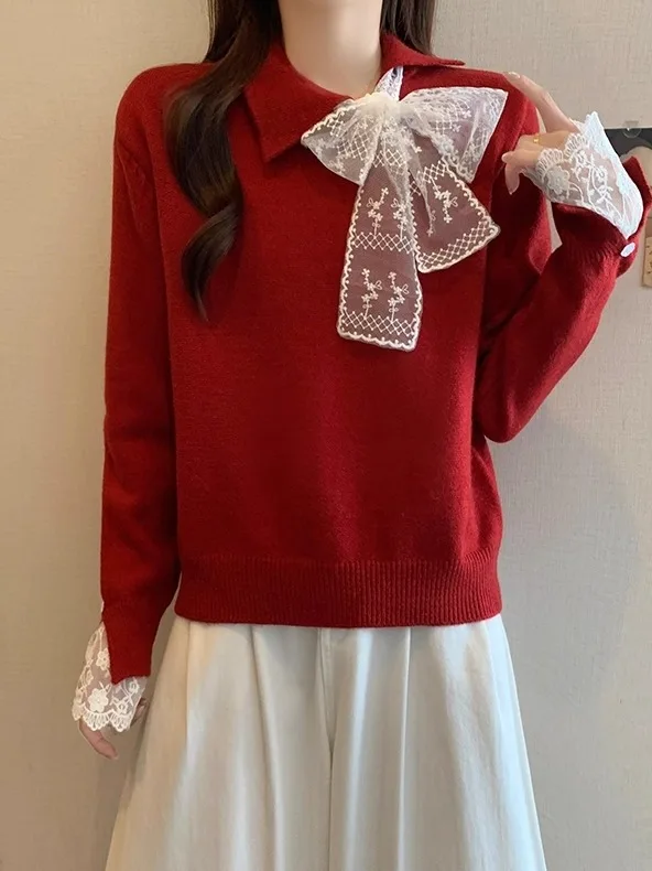 

Красный кружевной свитер с узлами для женщин, осенне-зимняя новинка, уютный вязаный топ для похудения, верхняя одежда