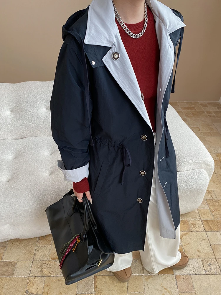 YERMORA Navy Blue Reversible Drawstring Trench Hoode Long Sleeve Loose New Women's Windbreaker Fashion Tide Spring Autumn 2025