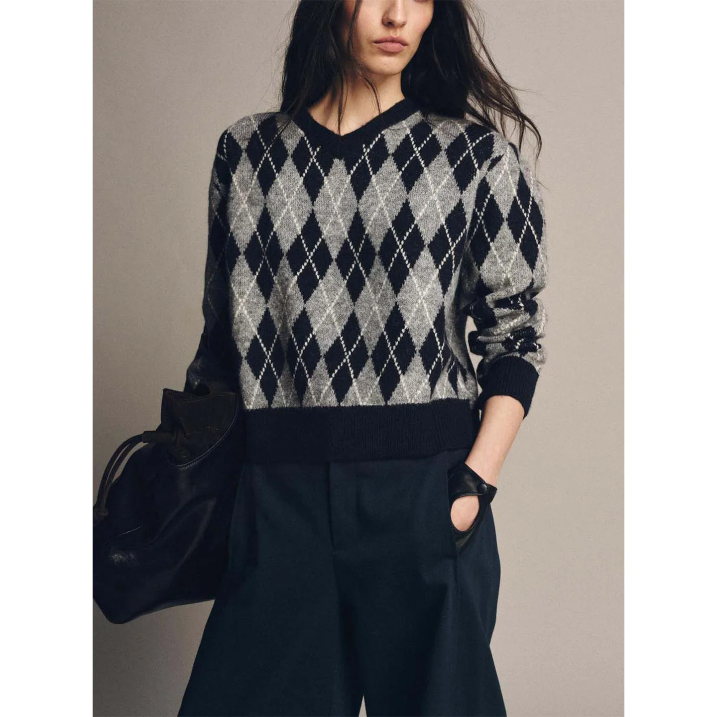 Herbst Winter Neue Ankunft frauen College Sle Einfache V-Ne Lange Sve Diamant Muster Gestrickte Top Casual Lose Fit polyes...